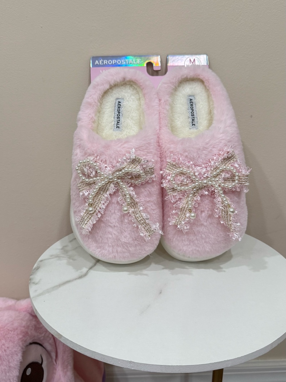 Aéropostale Pink Faux Fur Pearl Bow Slippers Size M 7/8 NWT